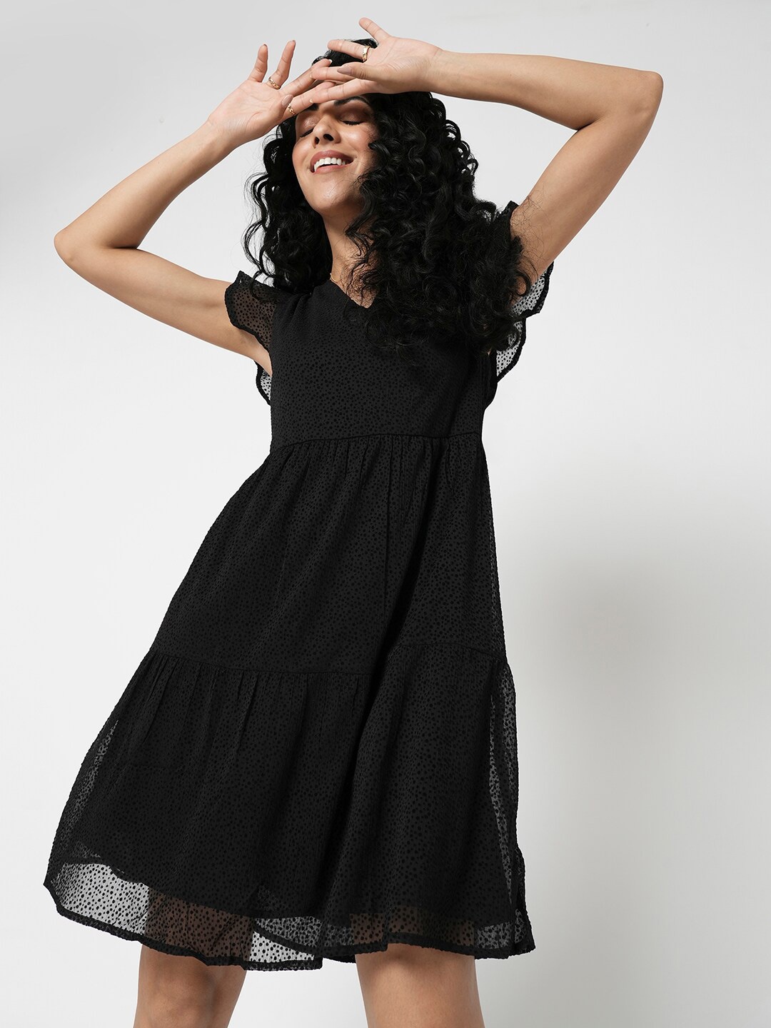 

Vero Moda Self Design Flutter Sleeve A-Line Dress, Black