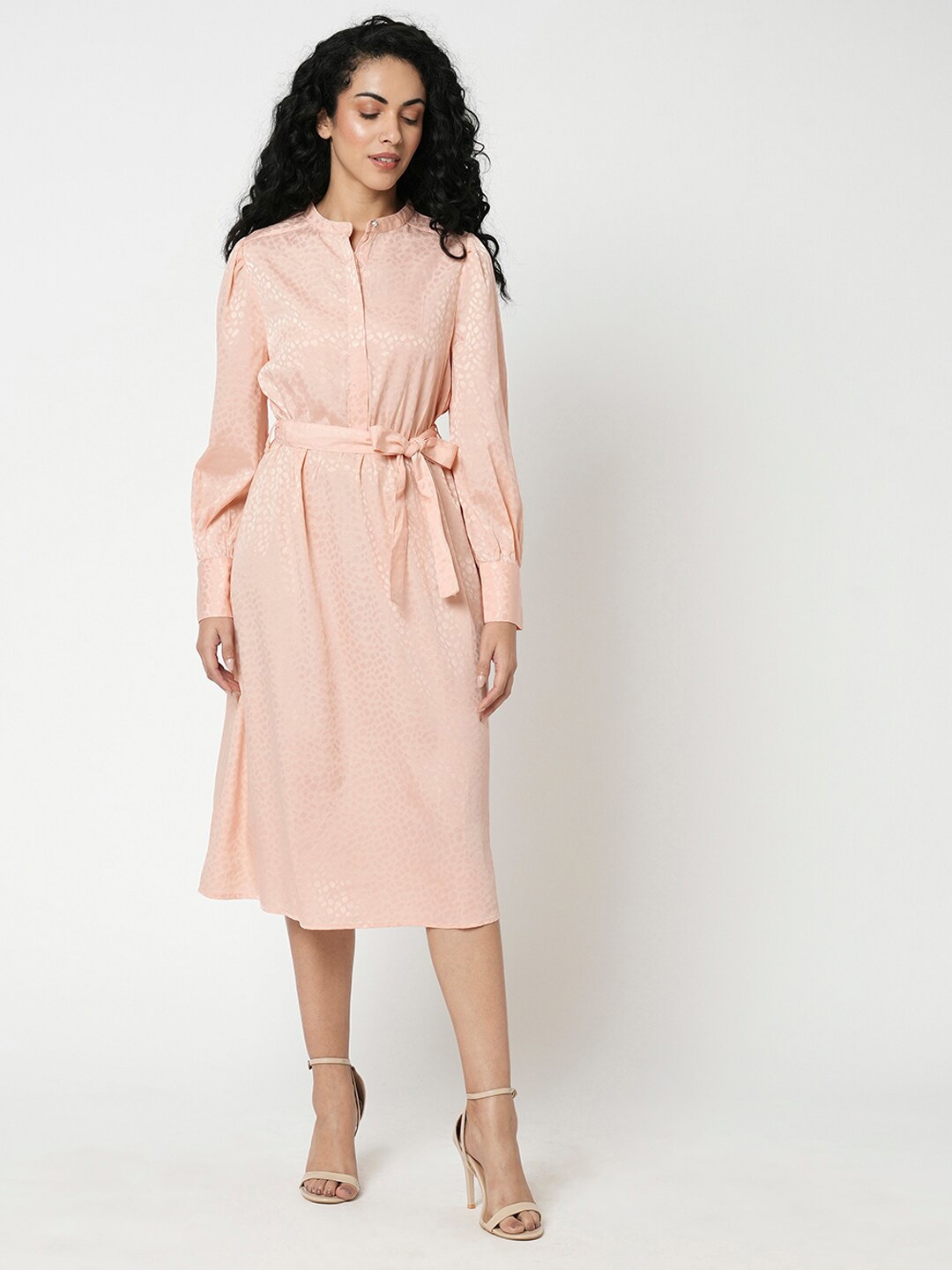 Vero Moda Self Design Cuffed Sleeves Shirt Style Midi Dress, Peach