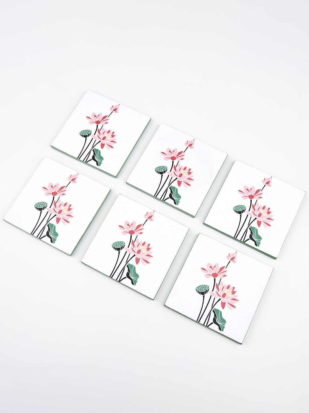 

Home Centre Corsica White & Pink 6-Pieces Printed Square Wooden Coasters With Holder
