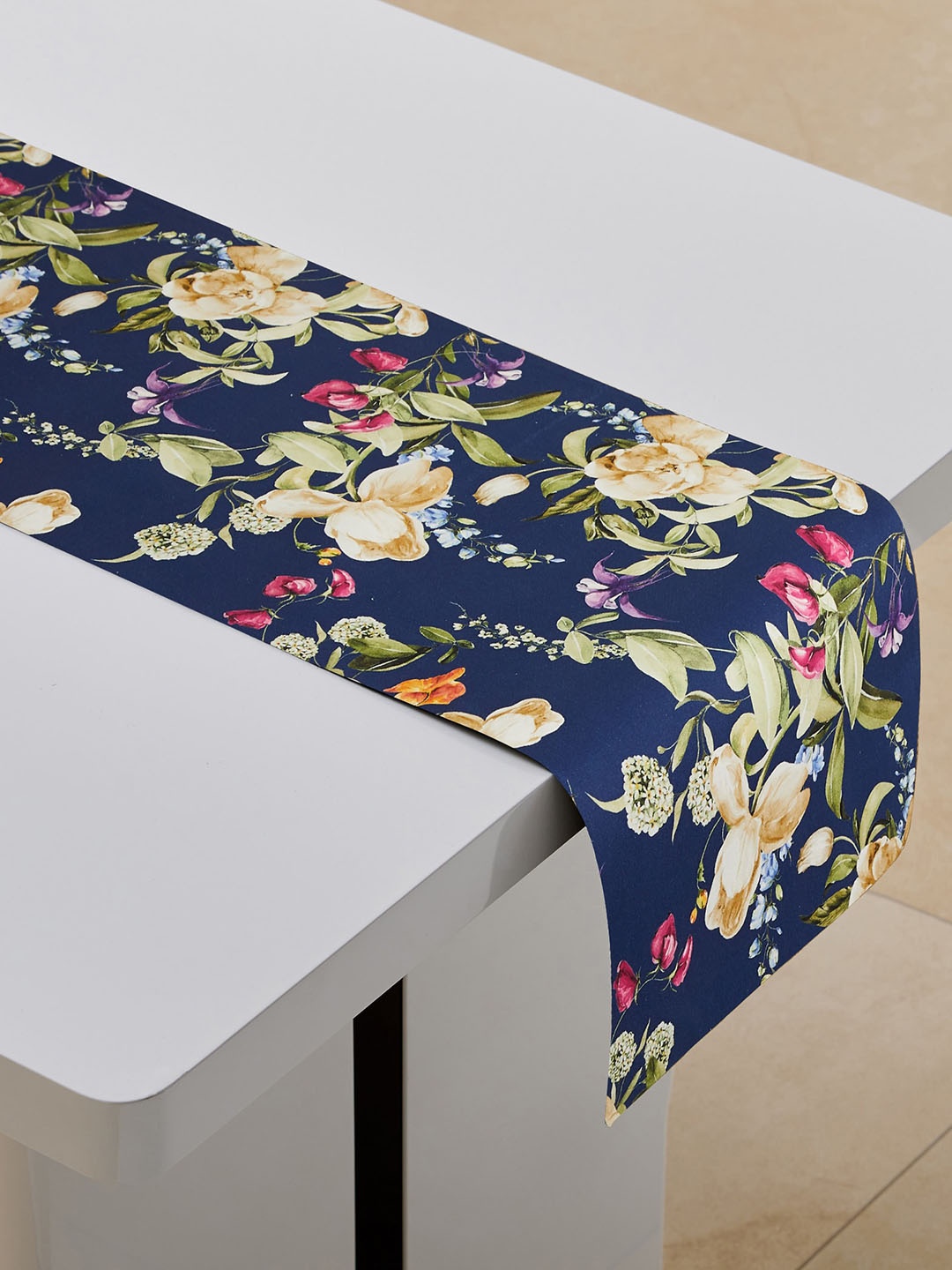 

Home Centre Drake Blue Floral Pure Cotton Reversible Table Runner, Navy blue