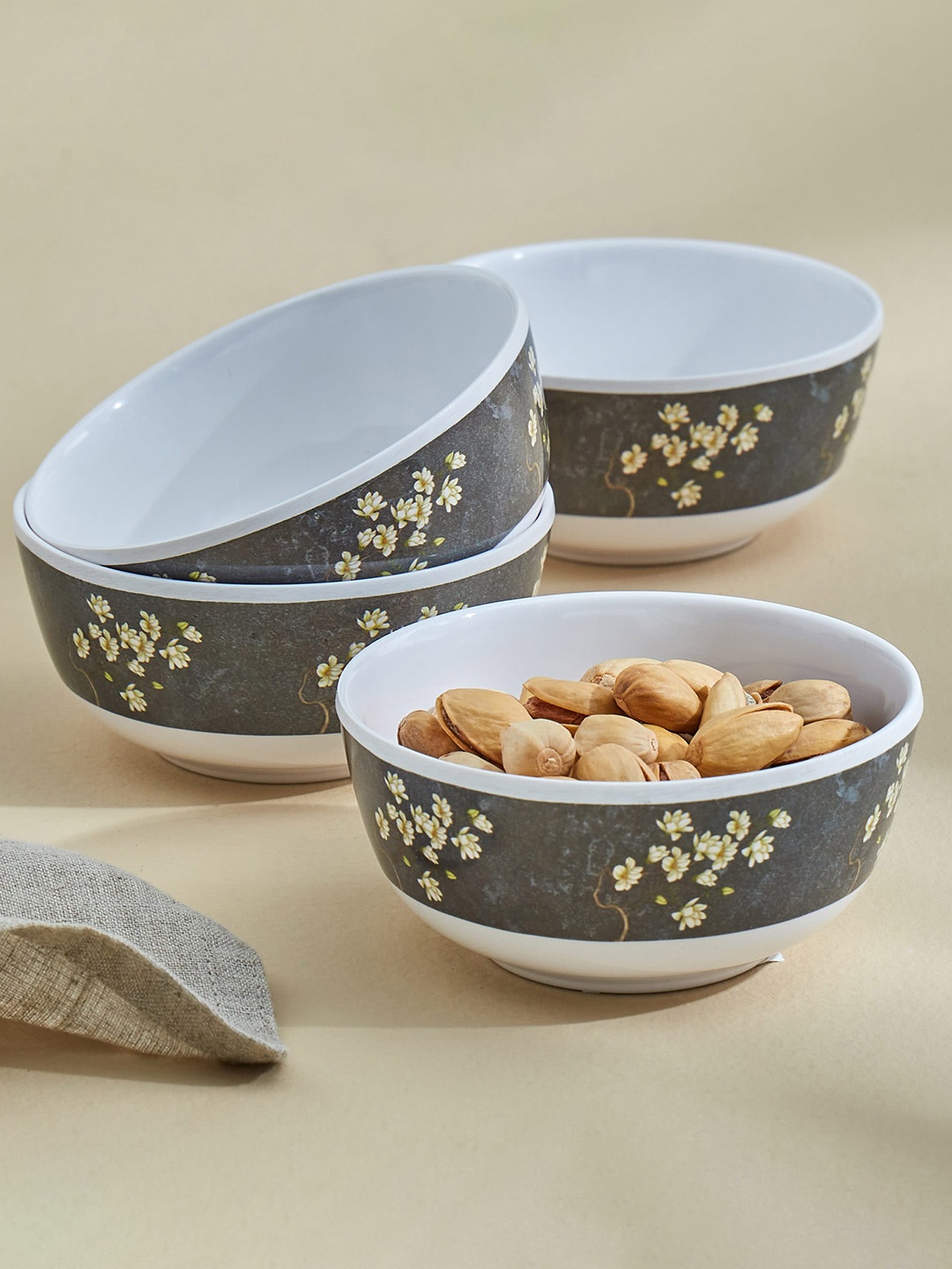 

Home Centre Corsica Azalea 4 Pcs Grey & White Floral Melamine Serving Bowls 220 ML Each