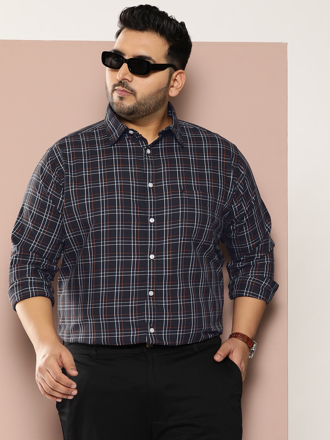 

Sztori Men Plus Size Checked Regular Fit Casual Shirt, Black