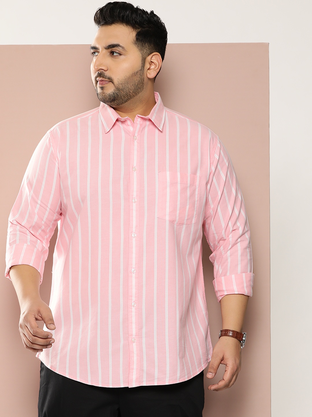 

Sztori Men Plus Size Striped Regular Fit Casual Shirt, Pink