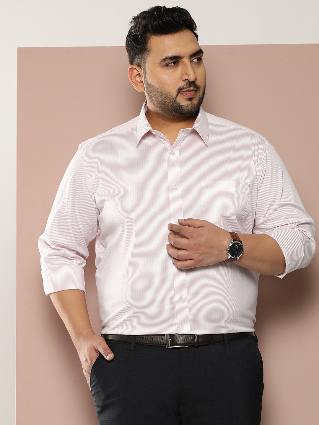 

Sztori Men Plus Size Striped Regular Fit Casual Shirt, Pink