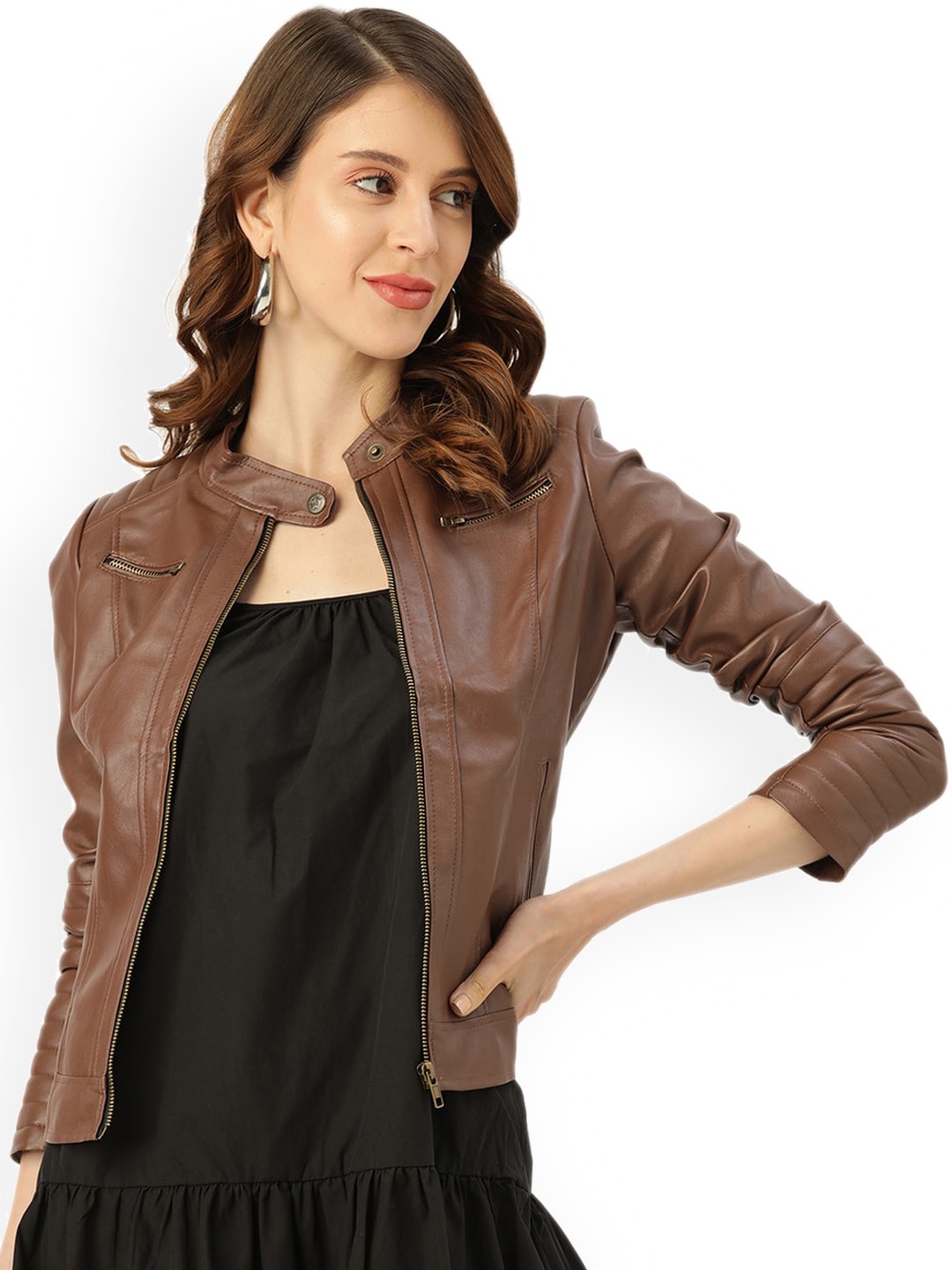 

Leather Retail Mandarin Collar Biker Jacket, Brown