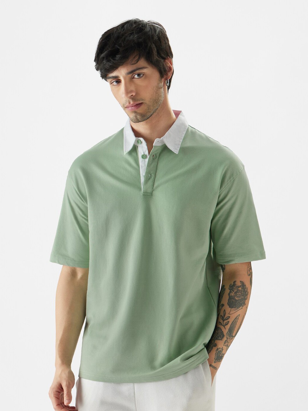 

The Souled Store Green Polo Collar Drop-Shoulder Sleeves Oversized Pure Cotton T-shirt