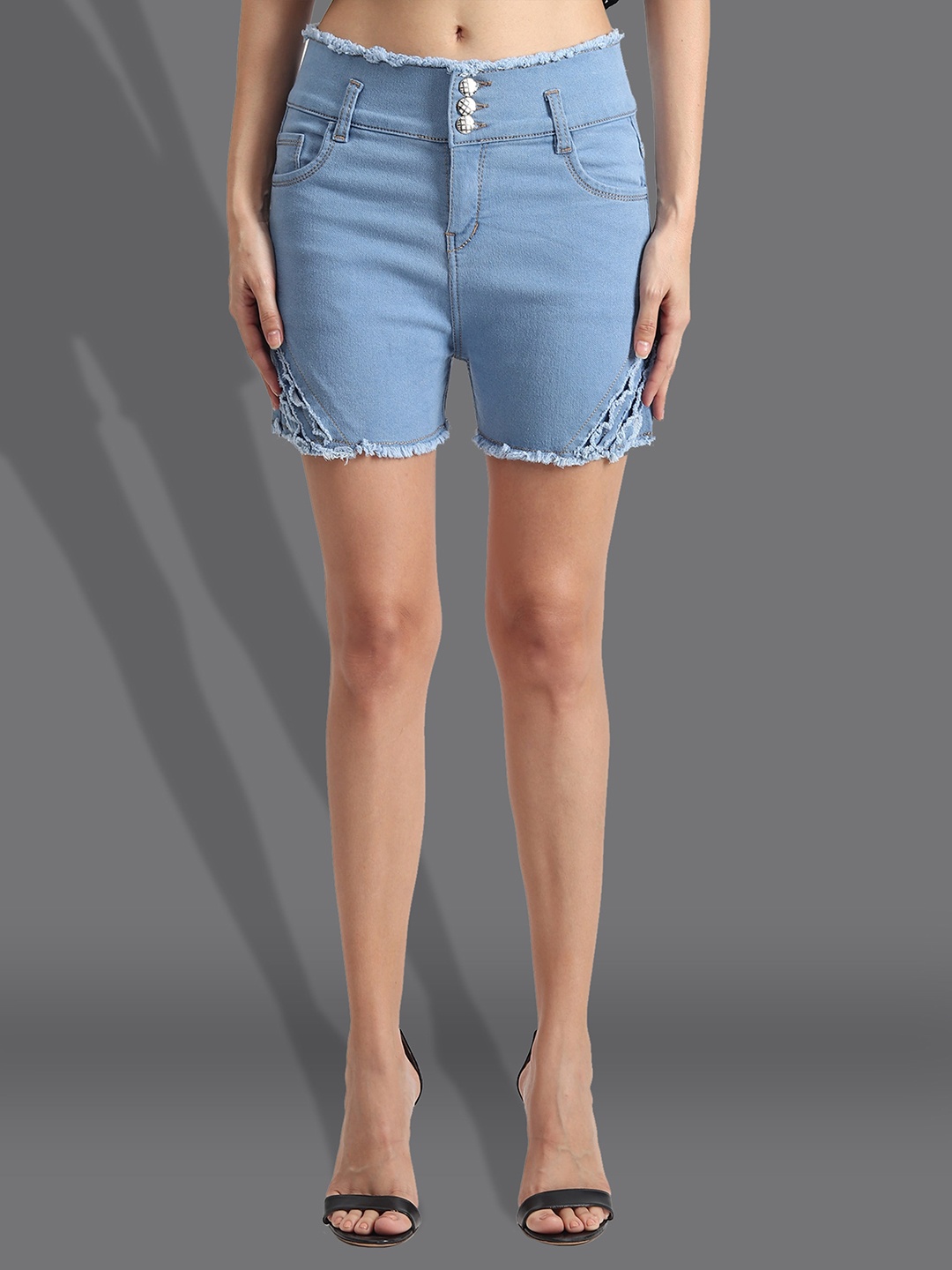 

A-Okay Women Loose Fit High-Rise Frayed Denim Shorts, Turquoise blue