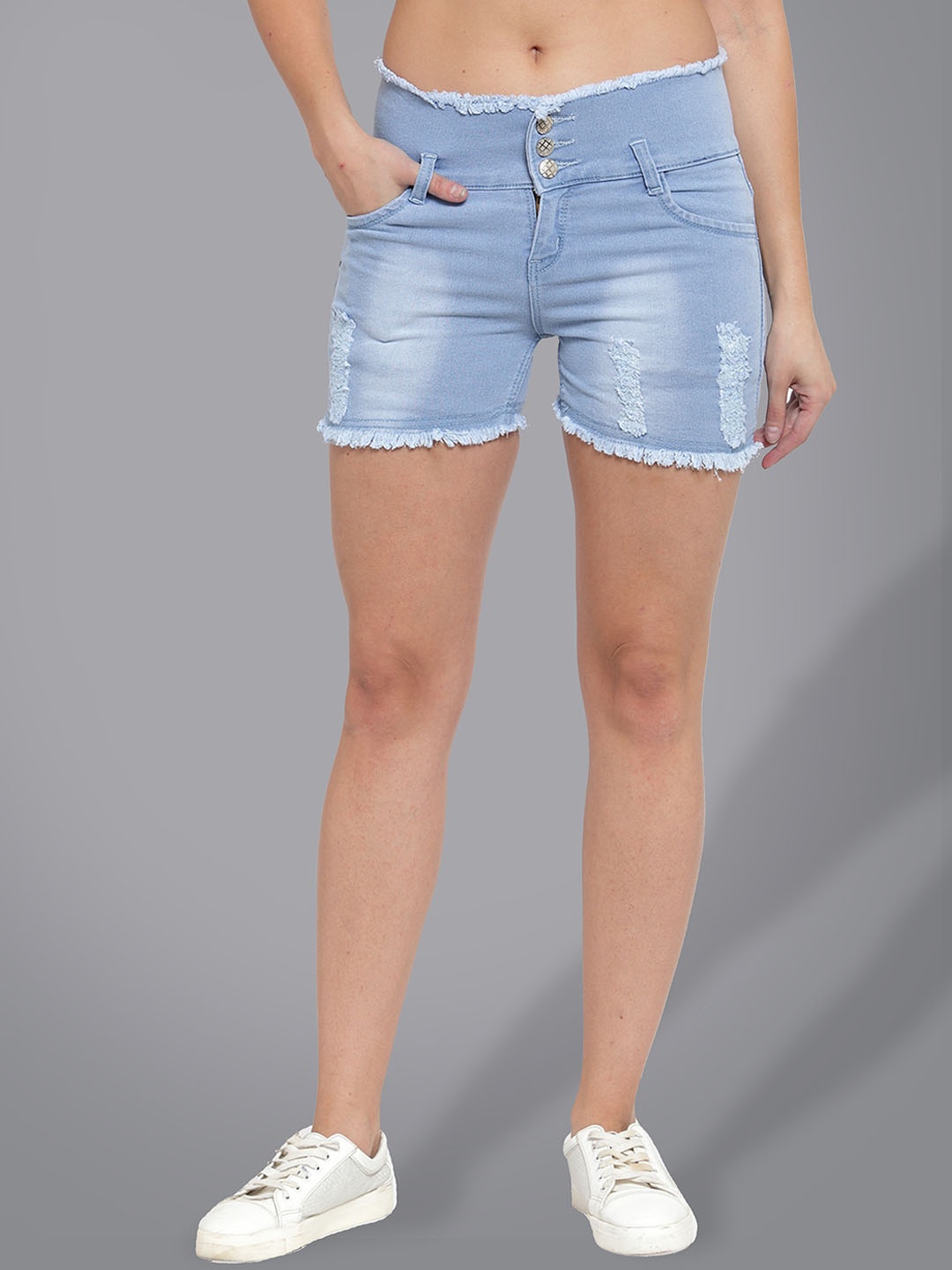 

A-Okay Women Washed Loose Fit High-Rise Denim Shorts, Turquoise blue