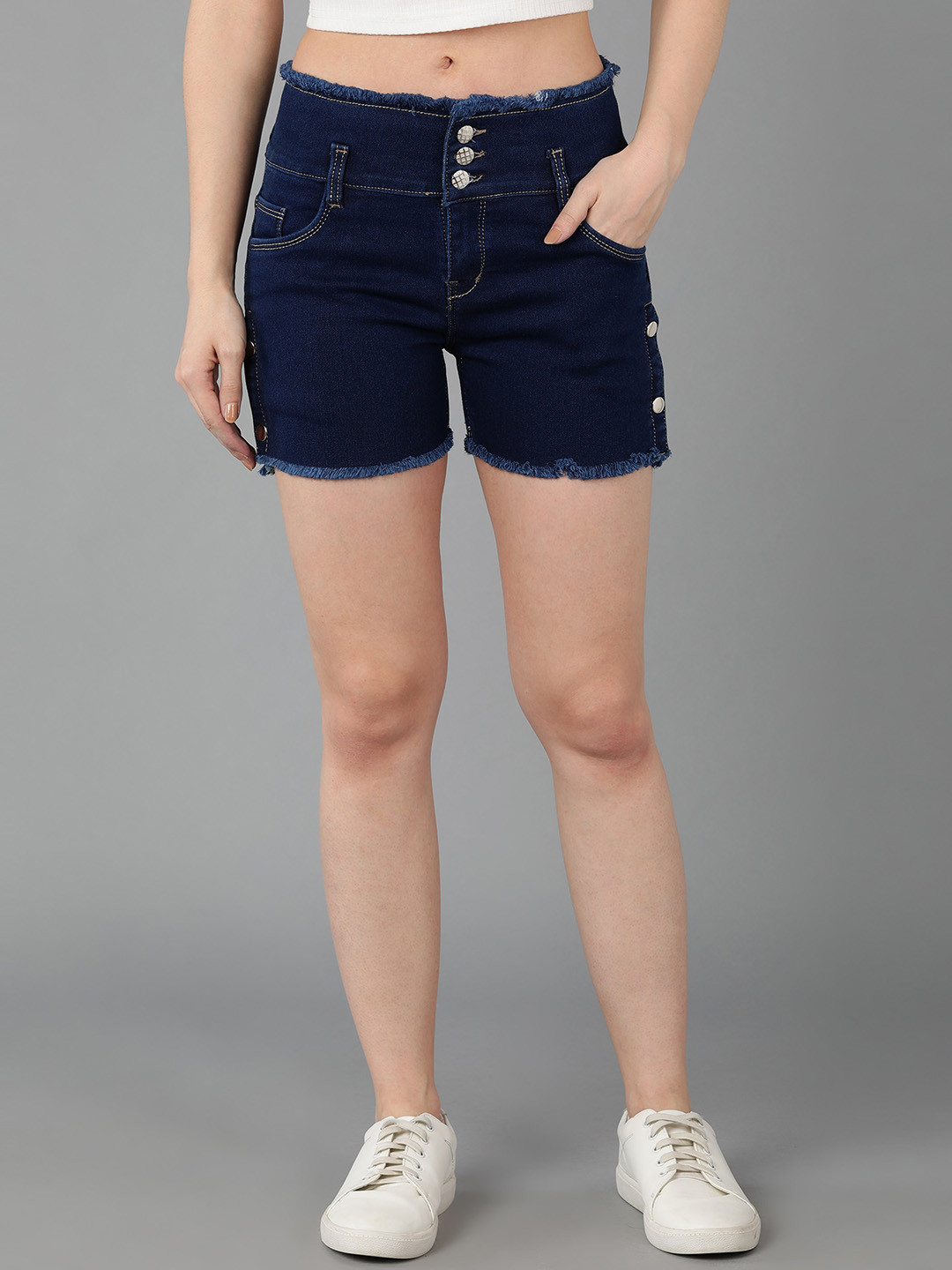 

A-Okay Women Loose Fit High-Rise Frayed Denim Shorts, Navy blue