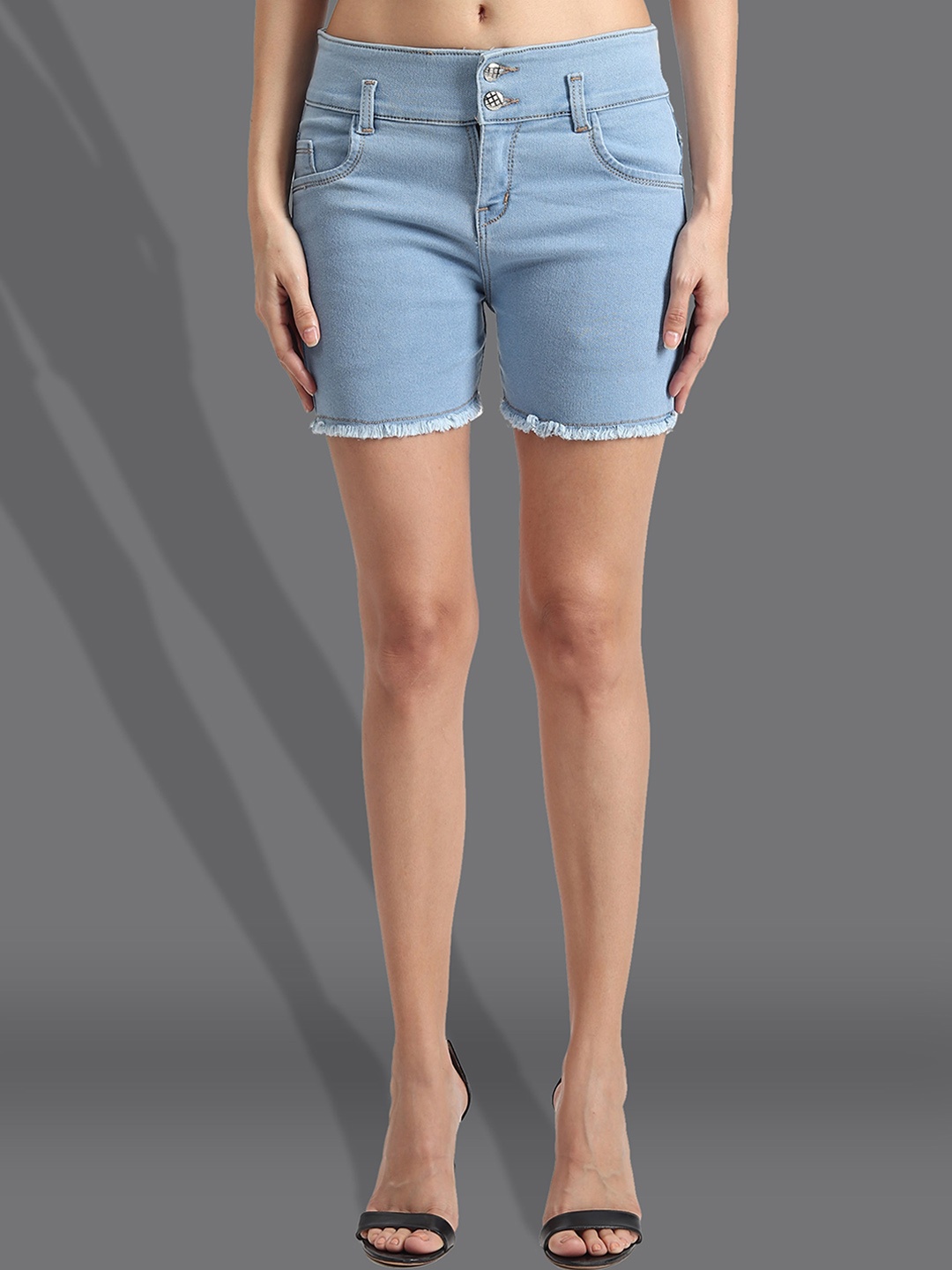 

A-Okay Women Loose Fit High-Rise Distressed Frayed Denim Shorts, Turquoise blue