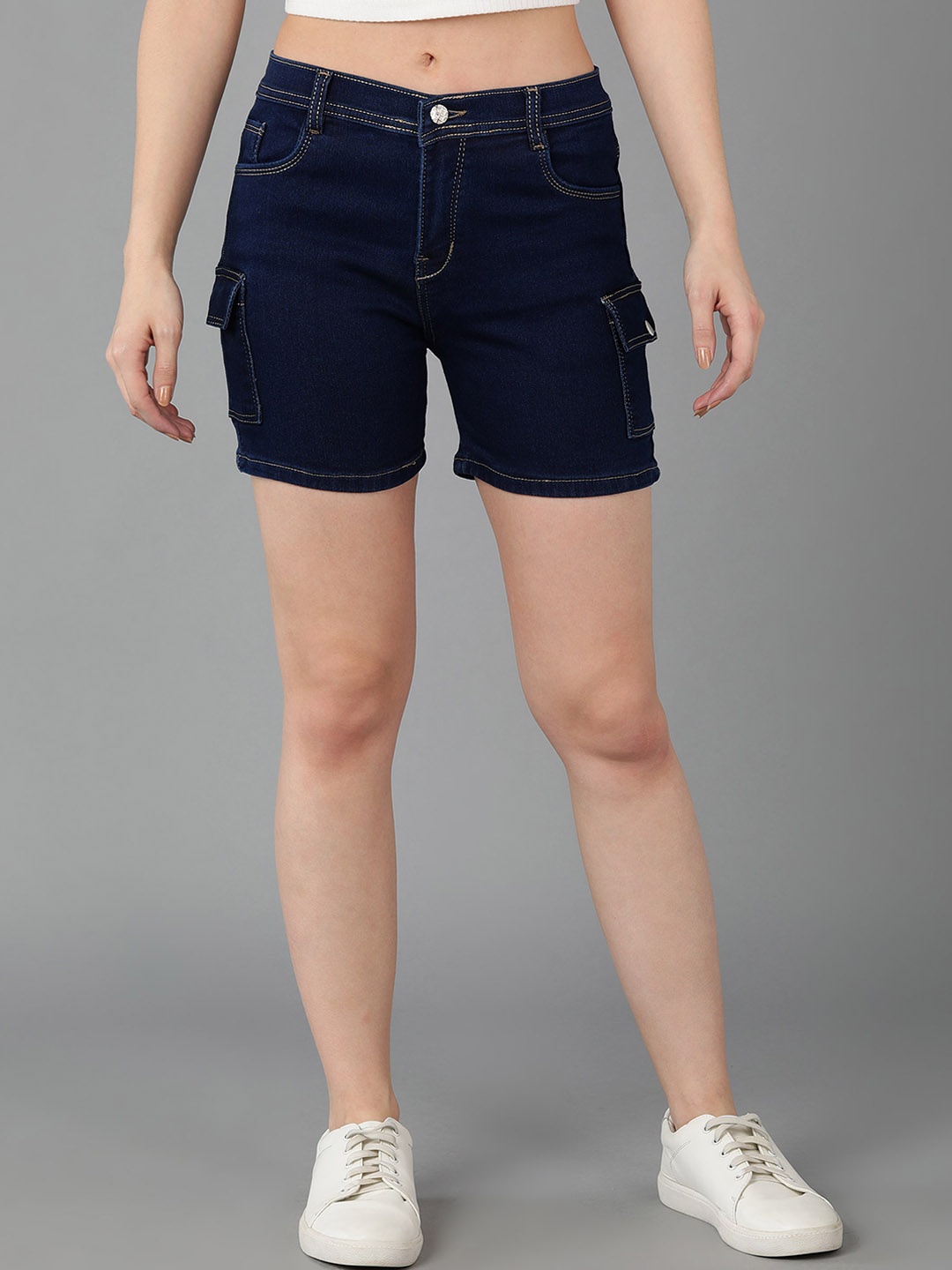 

A-Okay Women Loose Fit Mid-Rise Dri-FIT Denim Shorts, Navy blue