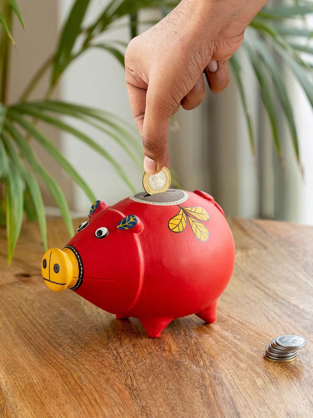 

ExclusiveLane Red & Yellow Terracotta Piggy Bank Hand Painted Showpiece