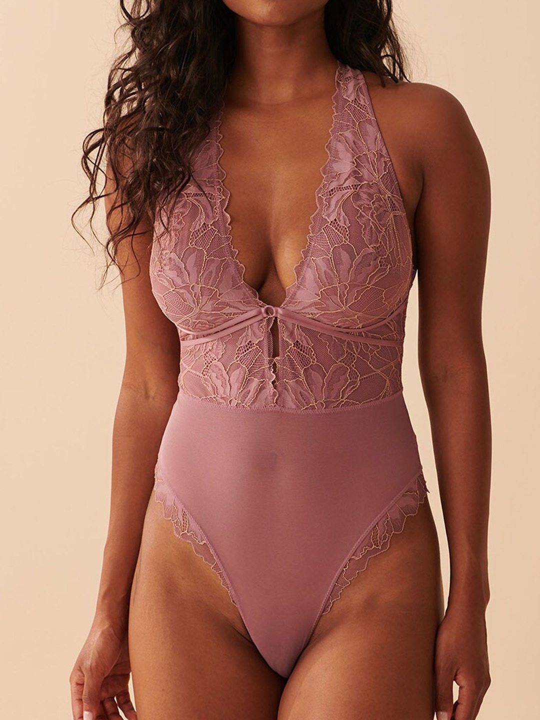 

La Vie en Rose Floral Self Design Halter Neck Baby Doll, Purple