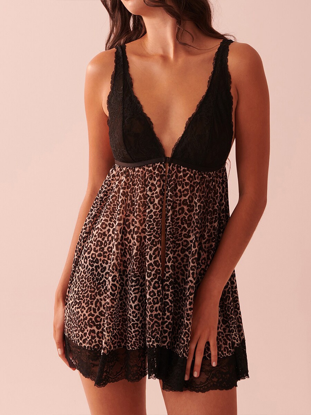 

La Vie en Rose Animal Printed Lace Baby Doll, Black