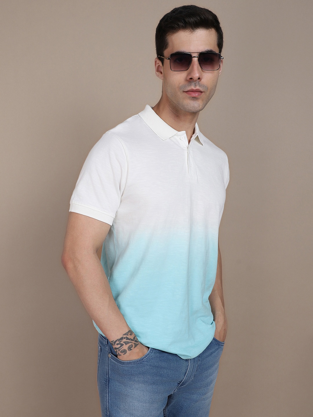 

Dennis Lingo Ombre Printed Polo Collar Short Sleeves Cotton Slim Fit T-shirt, Blue