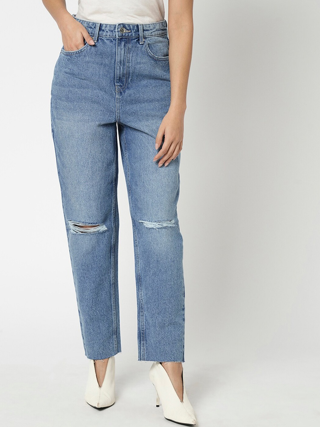 

Vero Moda Women Mom-Fit High-Rise Slash Knee Pure Cotton Jeans, Blue