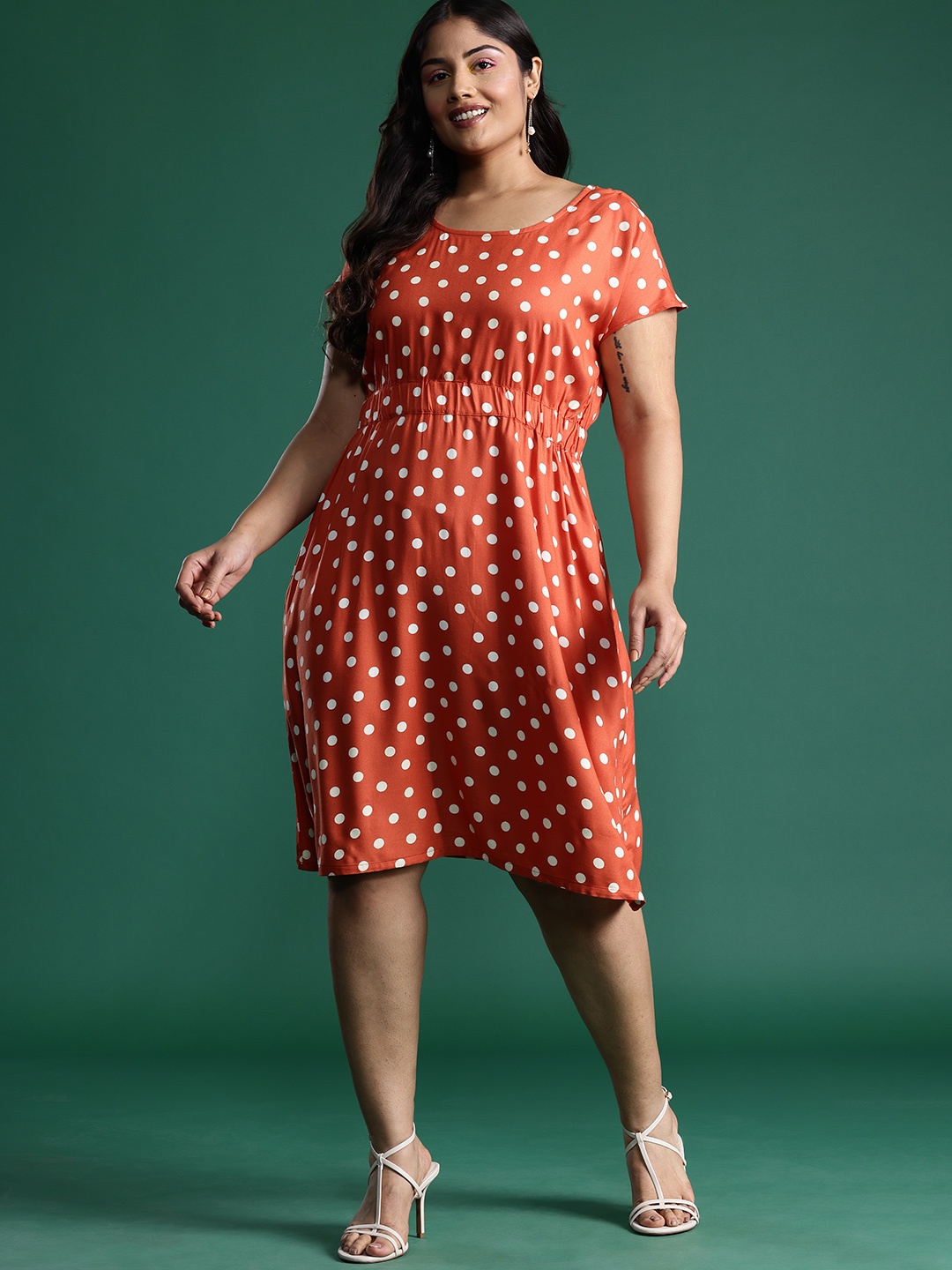 

DressBerry Curve Plus Size Polka Dot Print A-Line Midi Dress, Rust
