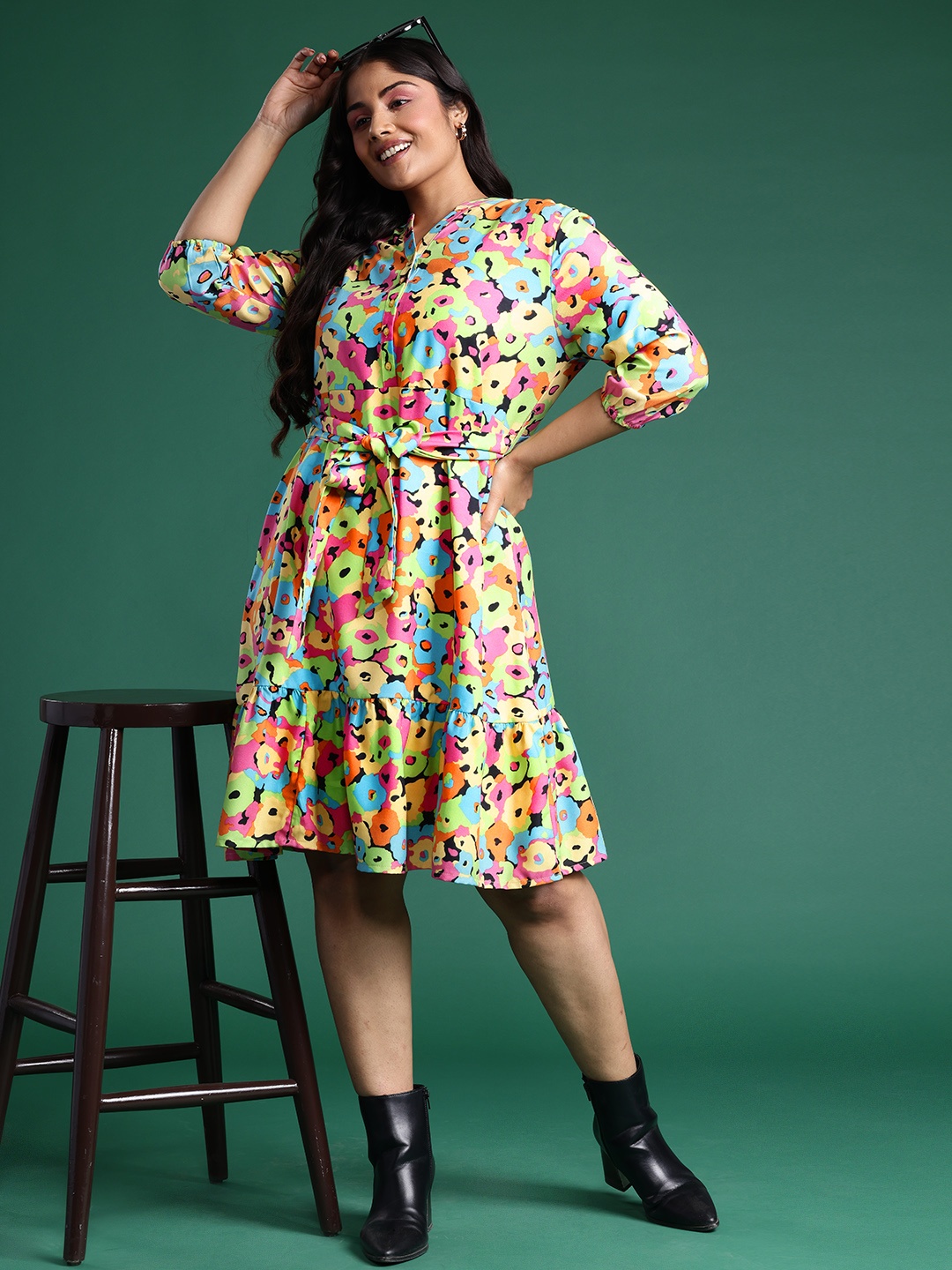 

DressBerry Curve Plus Size Floral Print A-Line Dress with Belt, Yellow