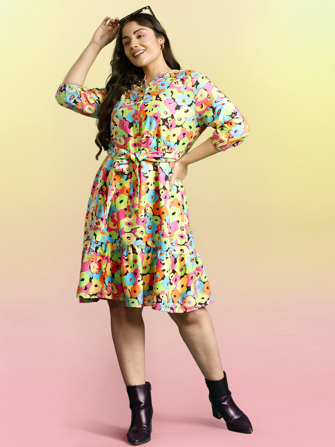 

DressBerry Curve Plus Size Floral Print A-Line Dress with Belt, Yellow