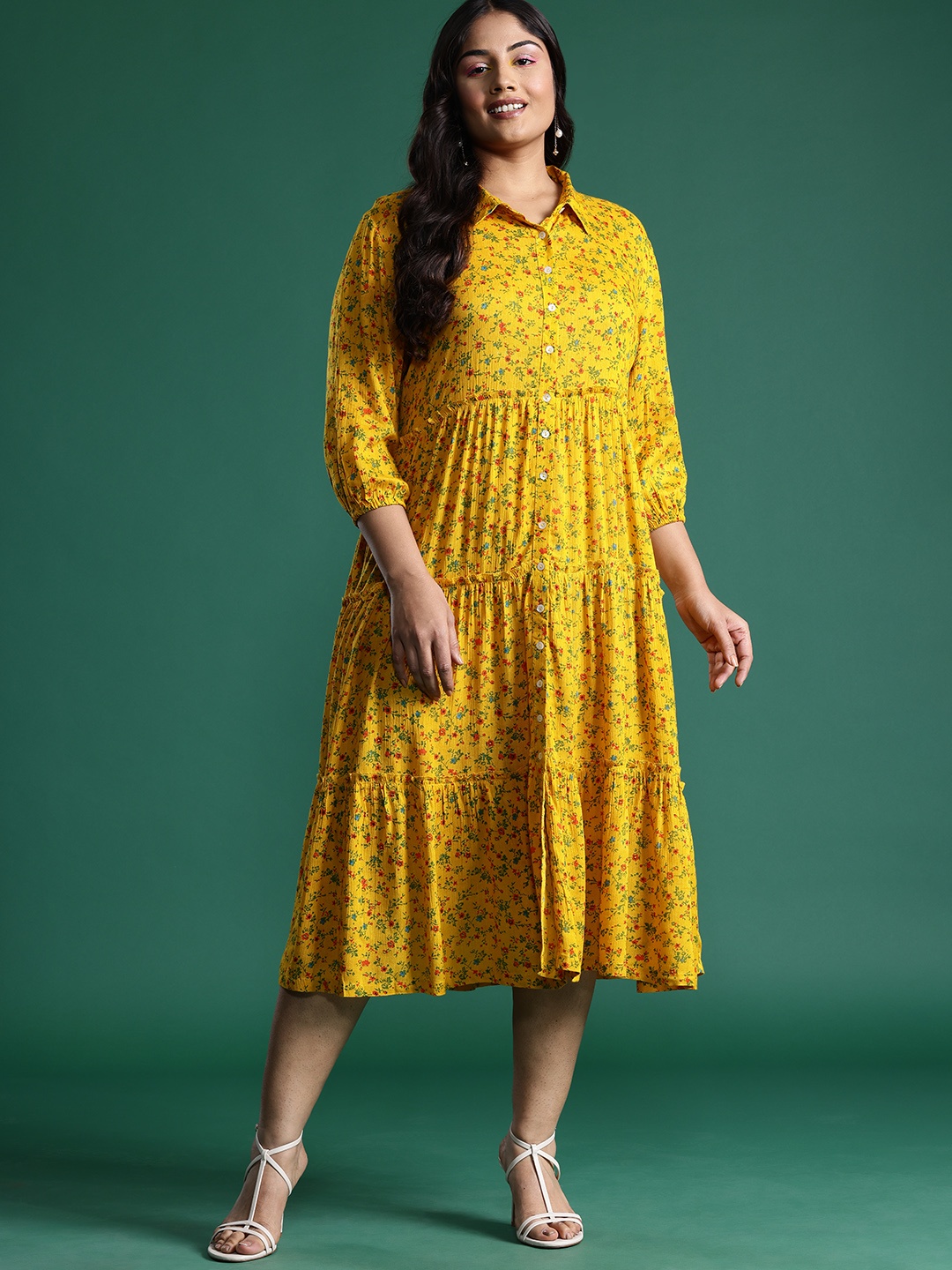 

DressBerry Curve Plus Size Floral Print Puff Sleeve Tiered Midi Dress, Mustard