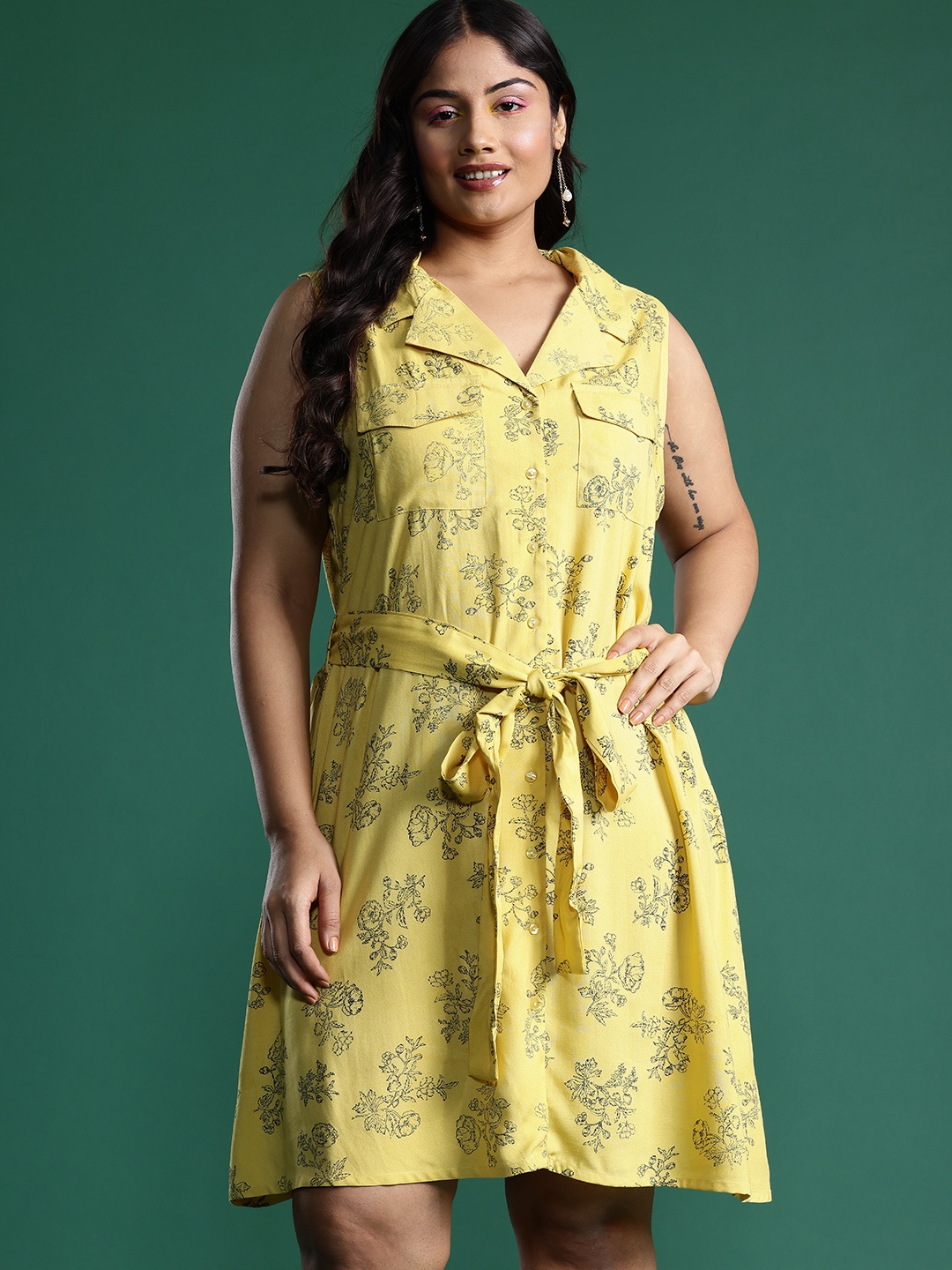 

DressBerry Curve Plus Size Floral Print Shirt Dress, Yellow