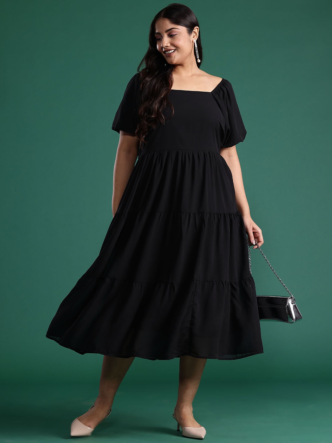 

DressBerry Curve Plus Size A-Line Tiered Midi Dress, Black