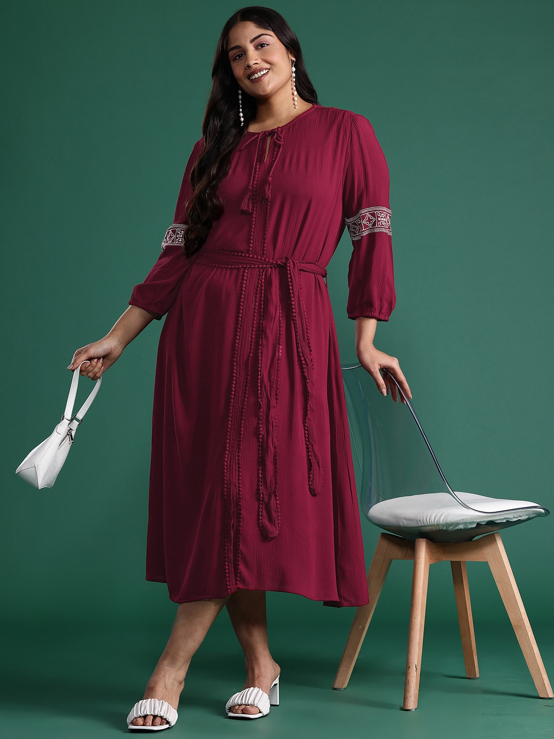 

DressBerry Curve Plus Size A-Line Midi Dress with Belt, Burgundy