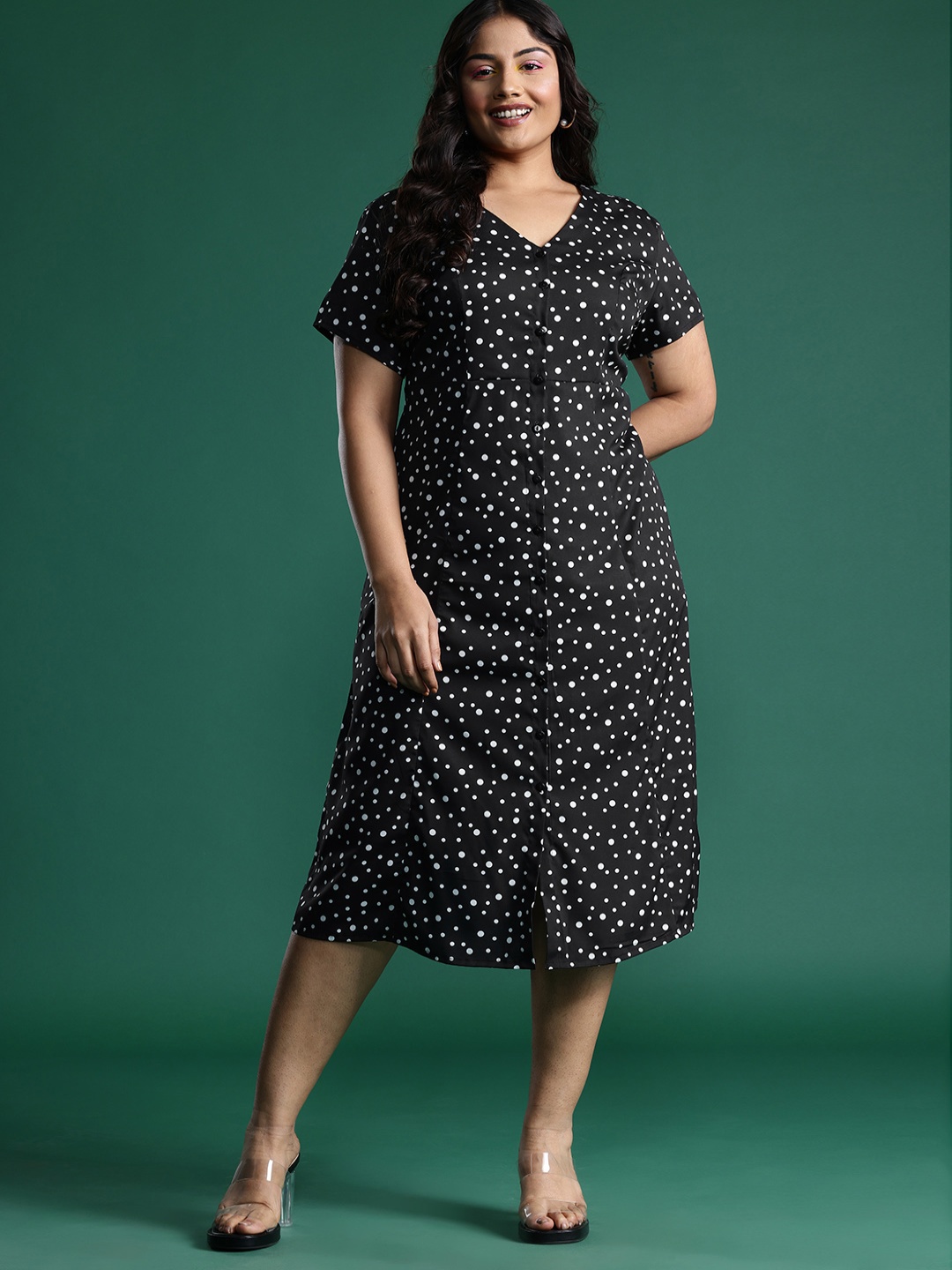 

DressBerry Curve Plus Size Polka Dot Print A-Line Midi Dress, Black