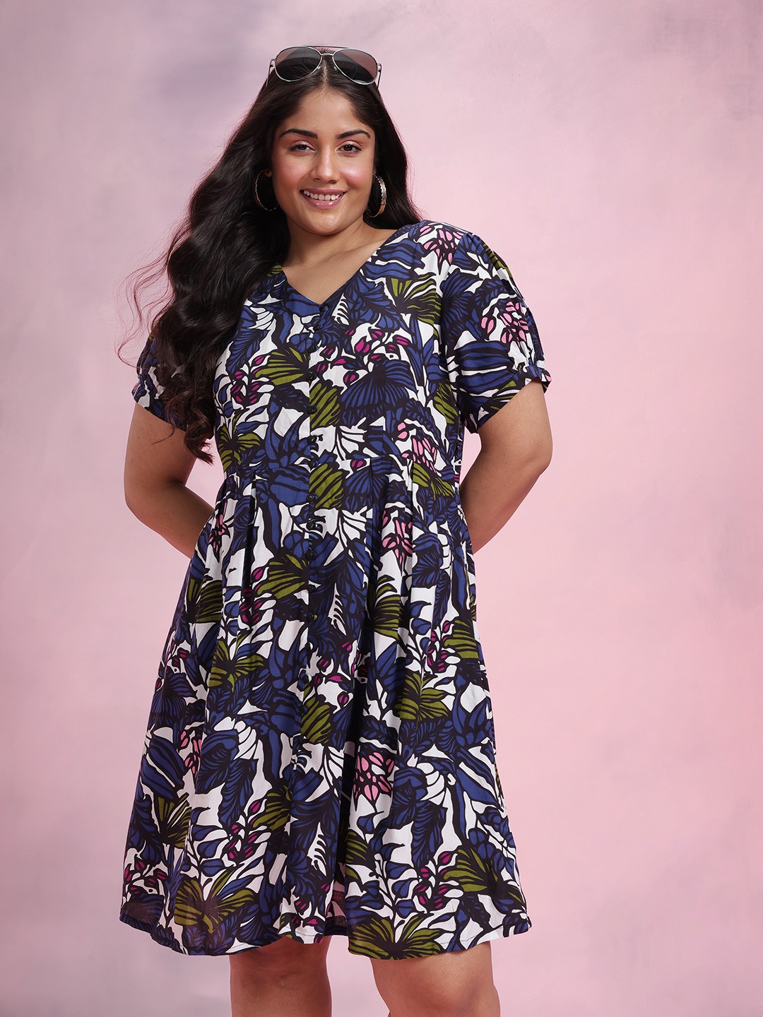 

DressBerry Curve Plus Size Floral Print Fit & Flare Dress, Navy blue