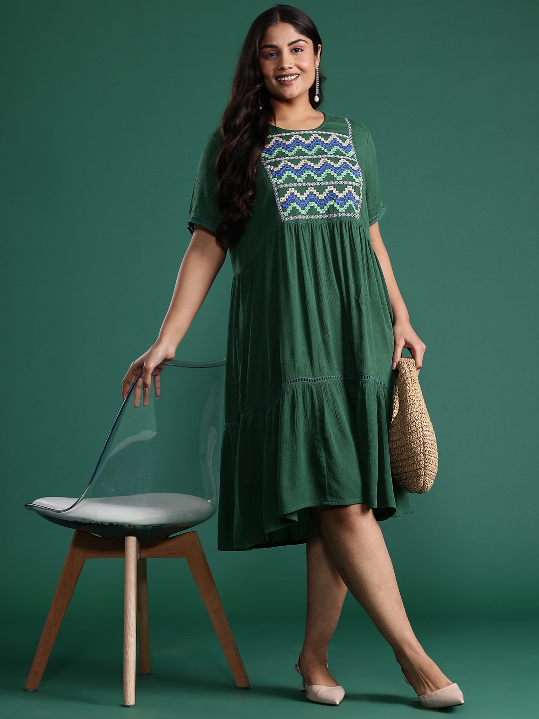 

DressBerry Curve Plus Size Embroidered Tiered A-Line Dress, Green