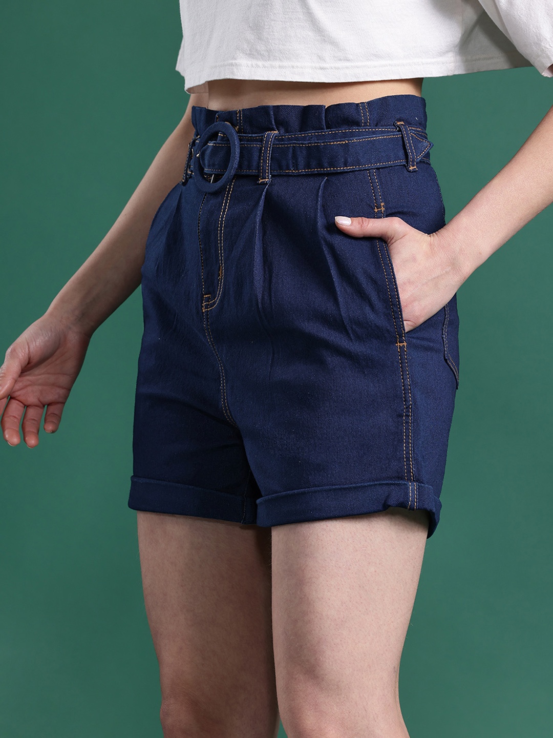 

DressBerry Women Slim Fit Belted Denim Shorts, Navy blue