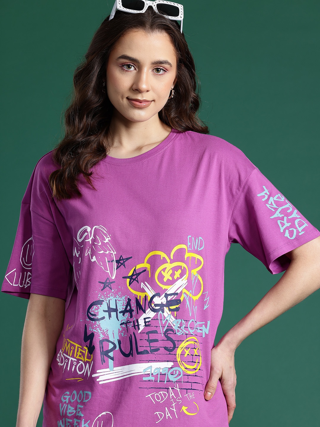 

DressBerry Women Printed Pure Cotton Longline T-shirt, Purple