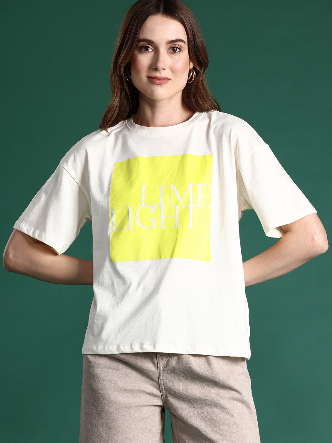 

DressBerry Typography Print Pure Cotton Oversized Longline T-shirt, Off white