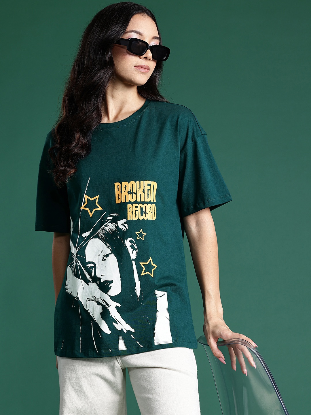 

DressBerry Women Printed Drop-Shoulder Sleeves Pure Cotton Longline T-shirt, Green