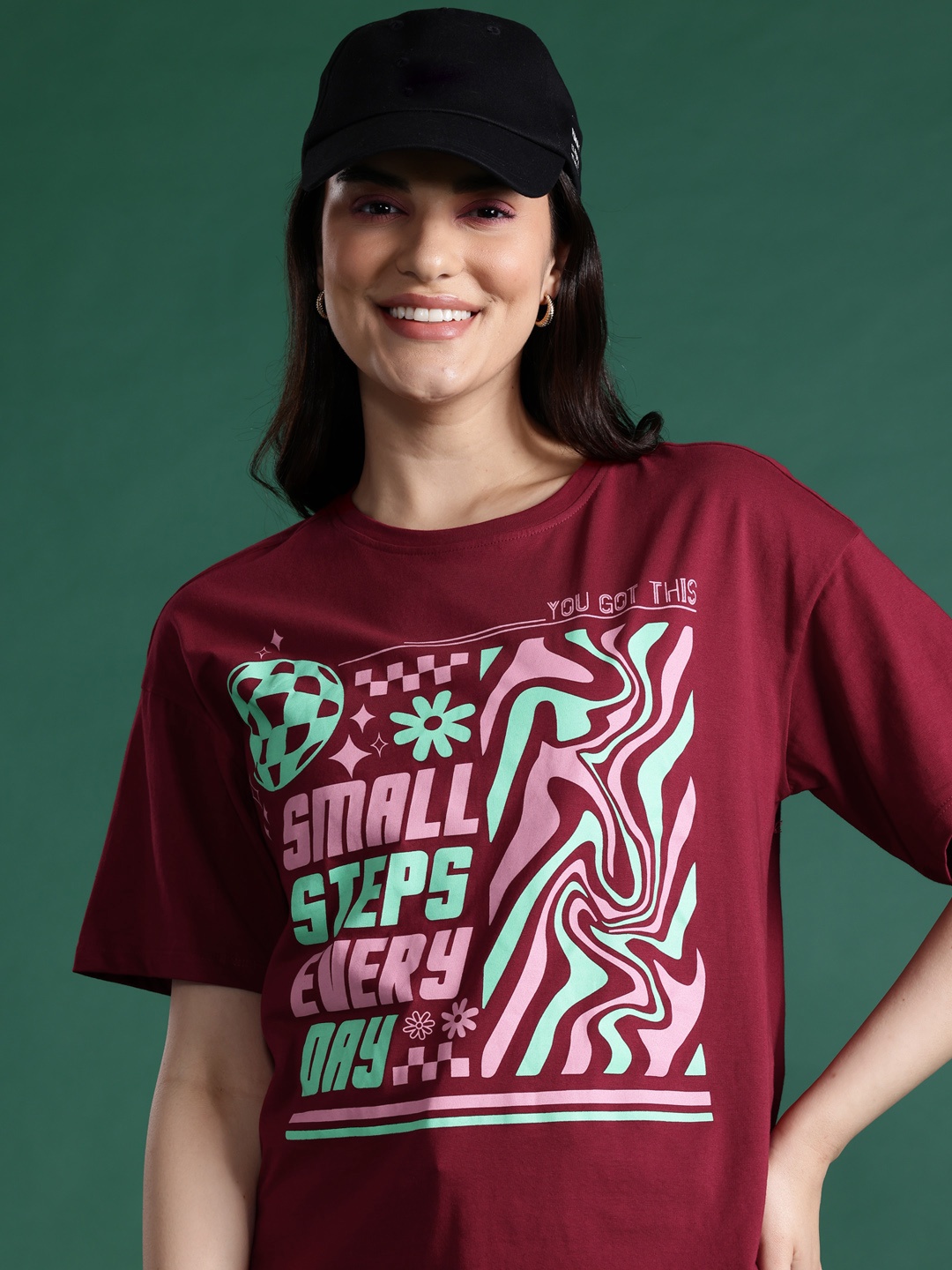 

DressBerry Printed Drop-Shoulder Sleeves Pure Cotton T-shirt, Maroon