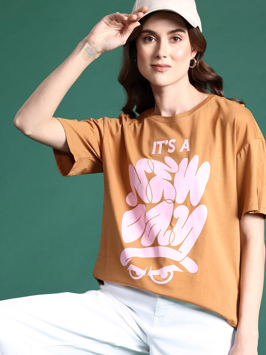

DressBerry Typography Print Oversized Pure Cotton Longline T-shirt, Brown