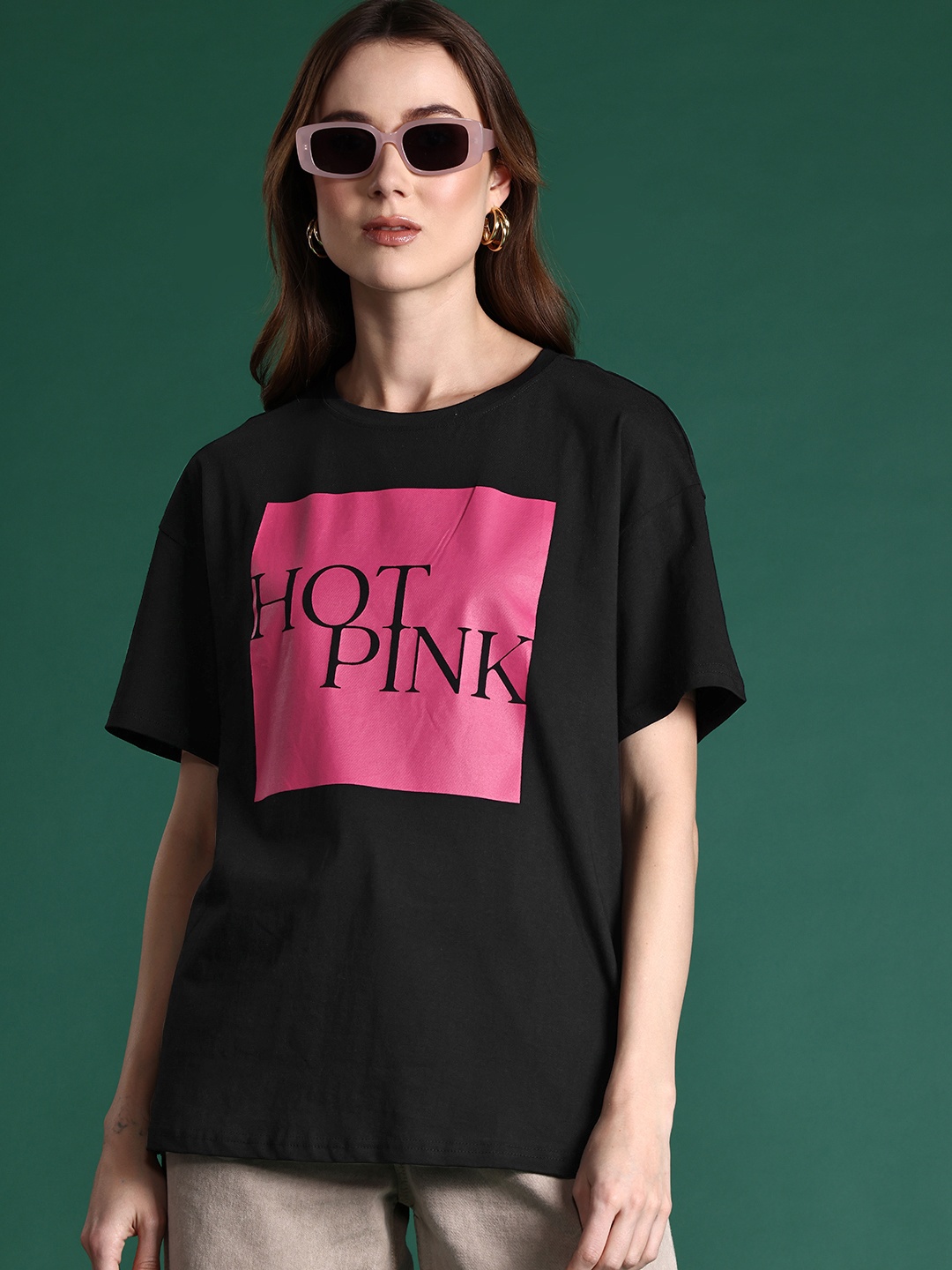 

DressBerry Printed Oversized Longline Pure Cotton T-shirt, Black