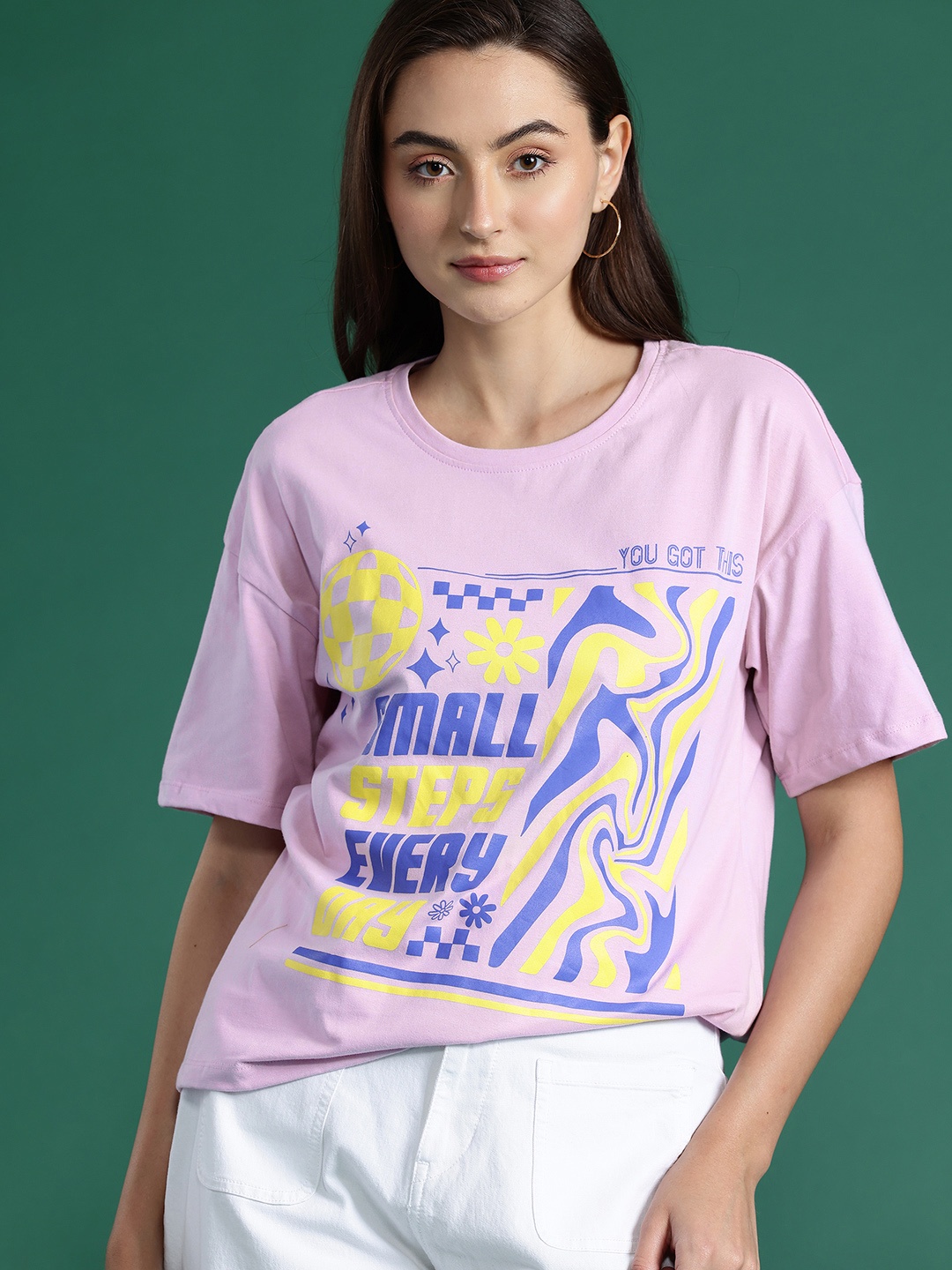

DressBerry Printed Drop-Shoulder Relaxed Fit Pure Cotton T-shirt, Lavender