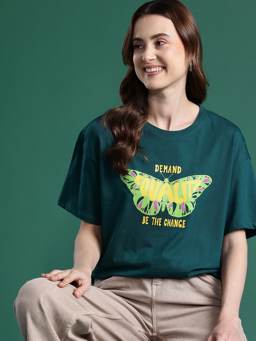 

DressBerry Printed Drop-Shoulder Sleeves Pure Cotton Longline T-shirt, Green