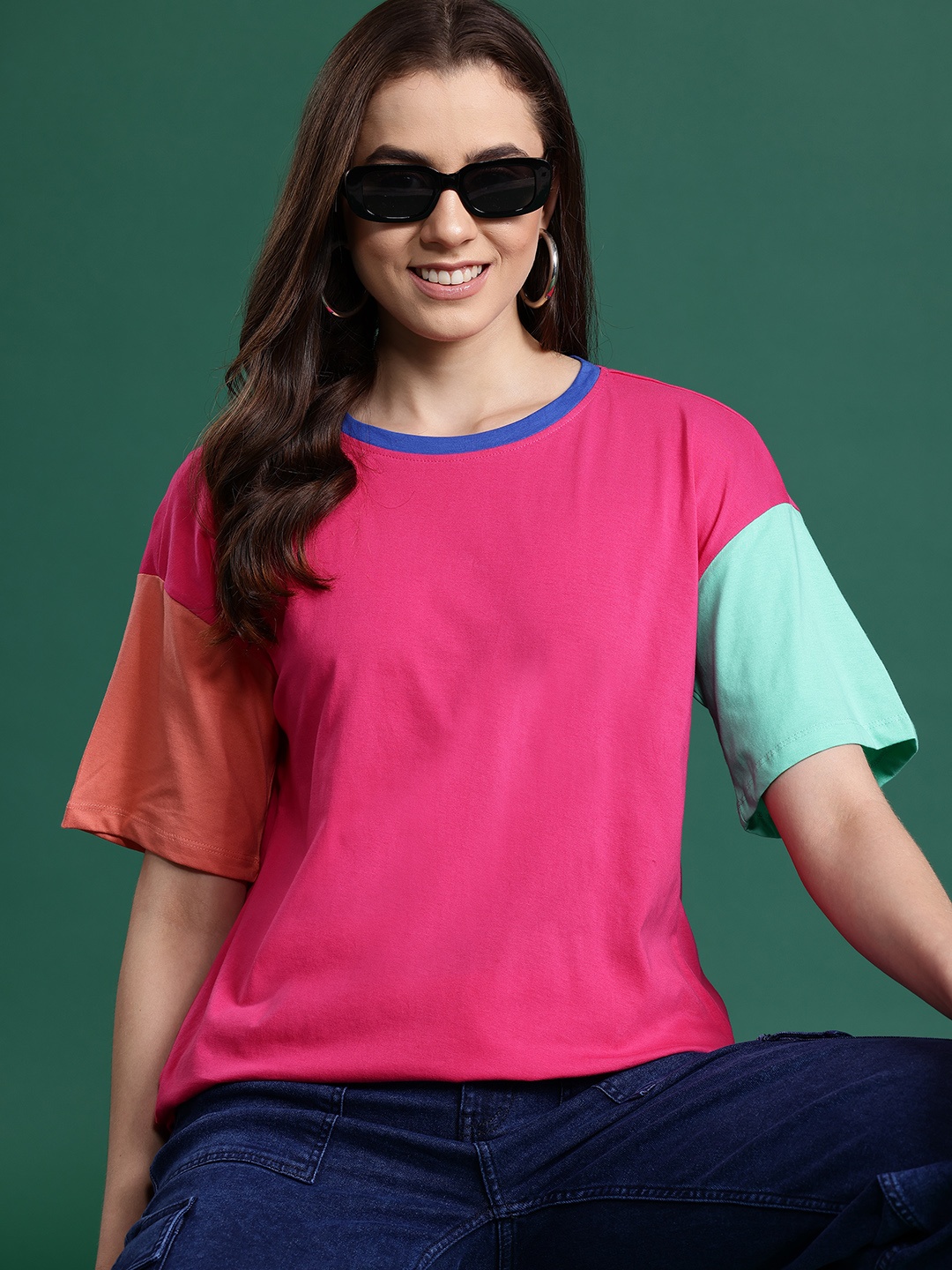 

DressBerry Colourblocked Drop-Shoulder Sleeves Pure Cotton T-shirt, Pink