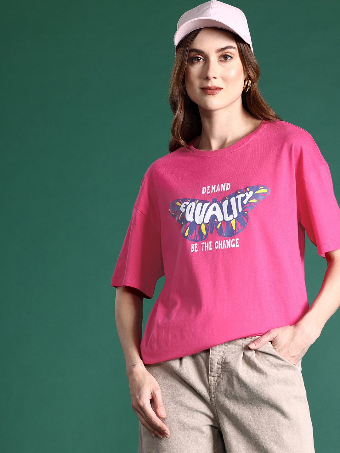 

DressBerry Pure Cotton Printed Longline T-shirt, Pink