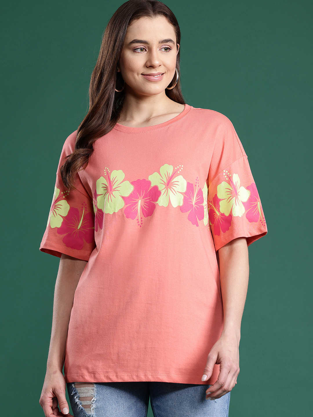 

DressBerry Floral Printed Drop-Shoulder Sleeves Pure Cotton T-shirt, Coral