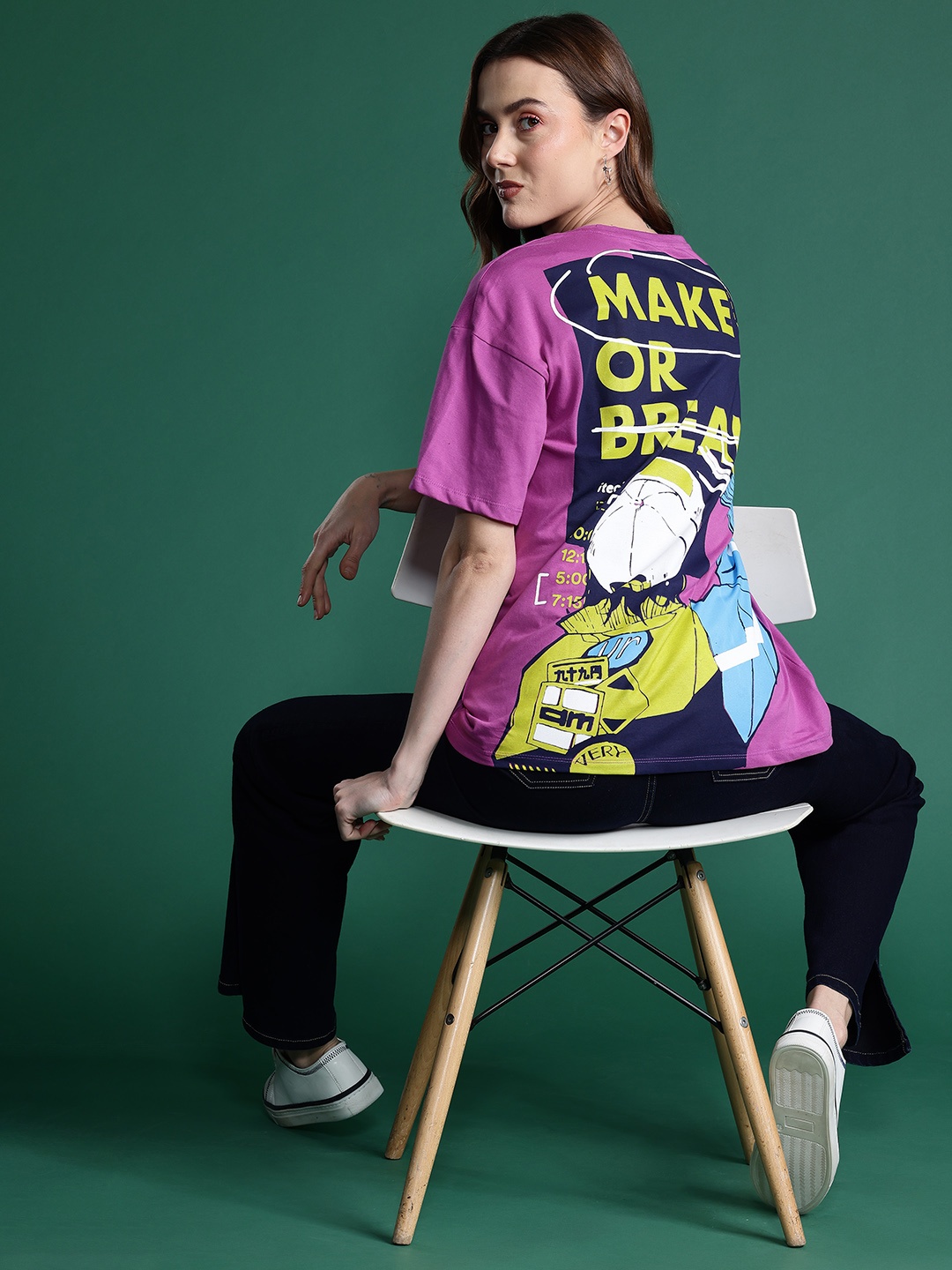 

DressBerry Printed Drop-Shoulder Sleeves Pure Cotton Longline T-shirt, Purple