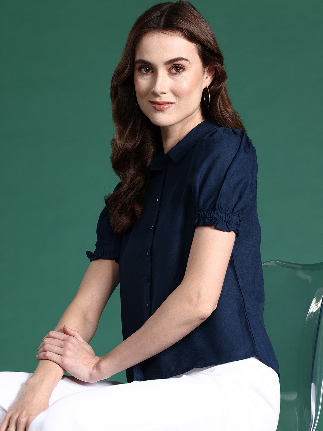 

DressBerry Bizwear Puff Sleeves Casual Shirt, Navy blue