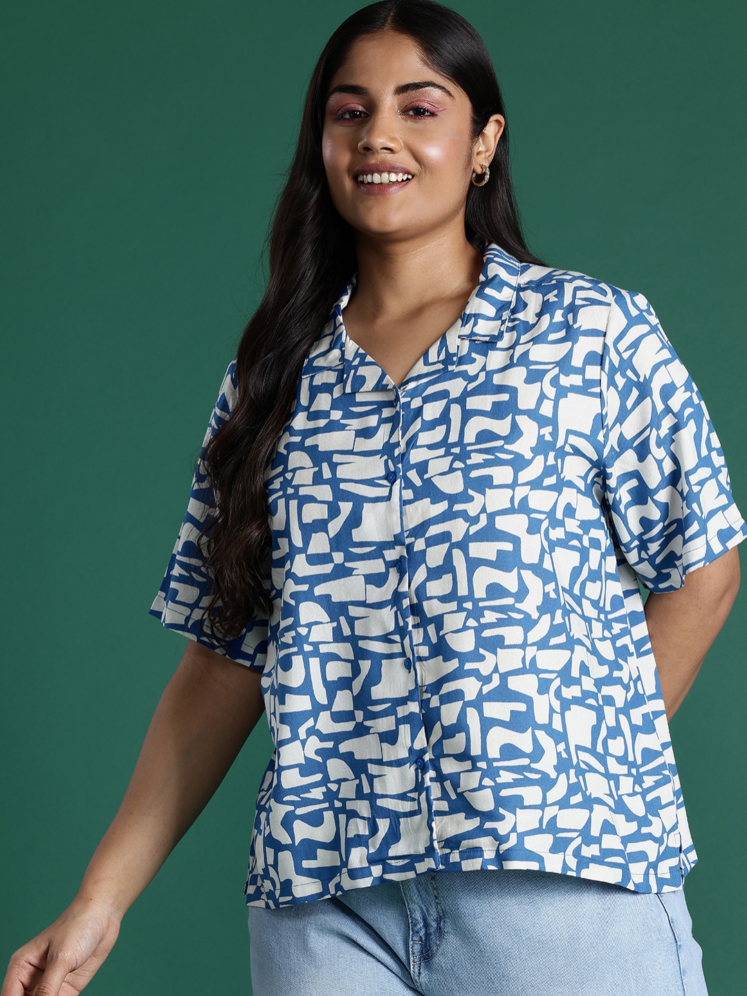 

DressBerry Curve Plus Size Cuban Collar Opaque Printed Casual Shirt, Blue