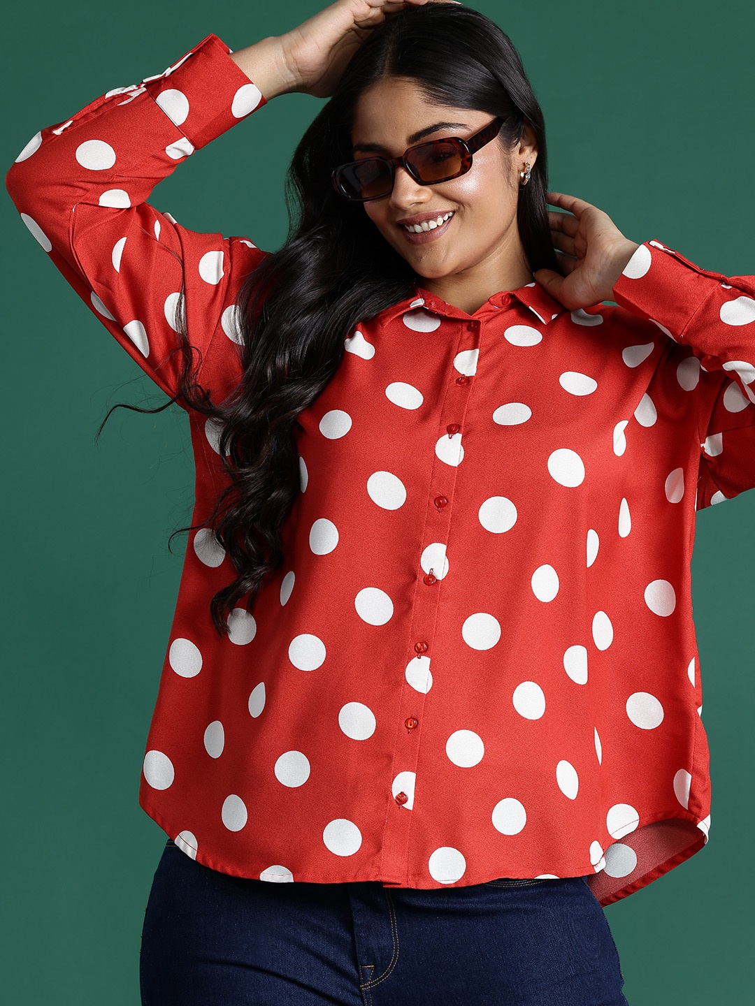 

DressBerry Curve Plus Size Polka Dot Print Casual Shirt, Red