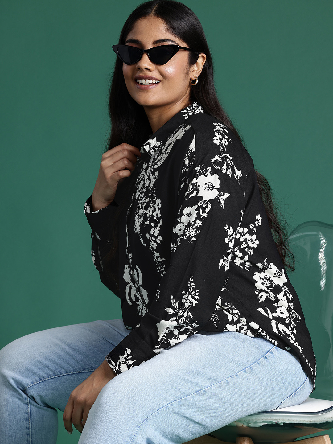 

DressBerry Curve Plus Size Floral Printed Drop-Shoulder Cuffed Sleeves Casual Shirt, Black