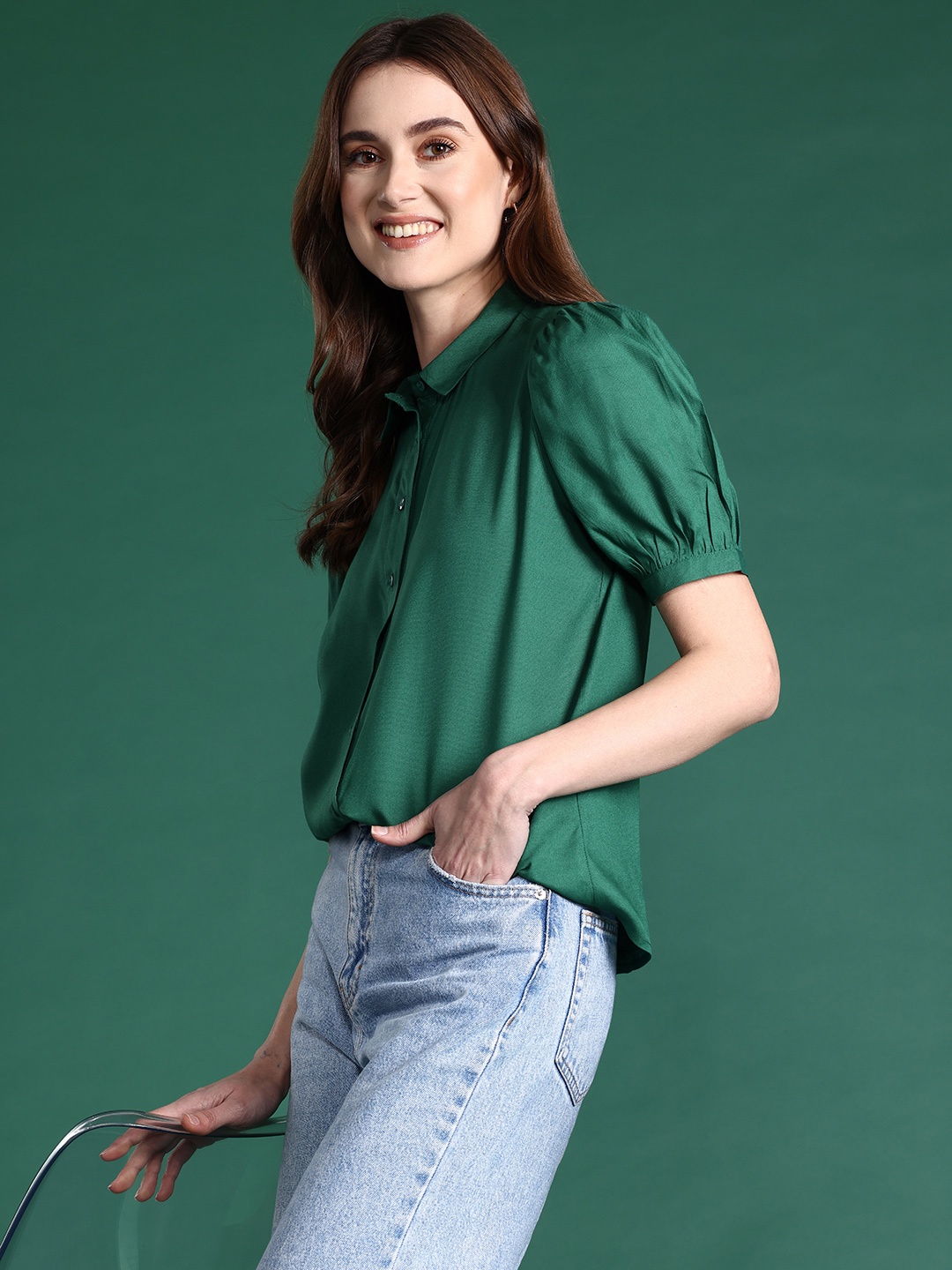 

DressBerry Bizwear Puff Sleeves Casual Shirt, Green