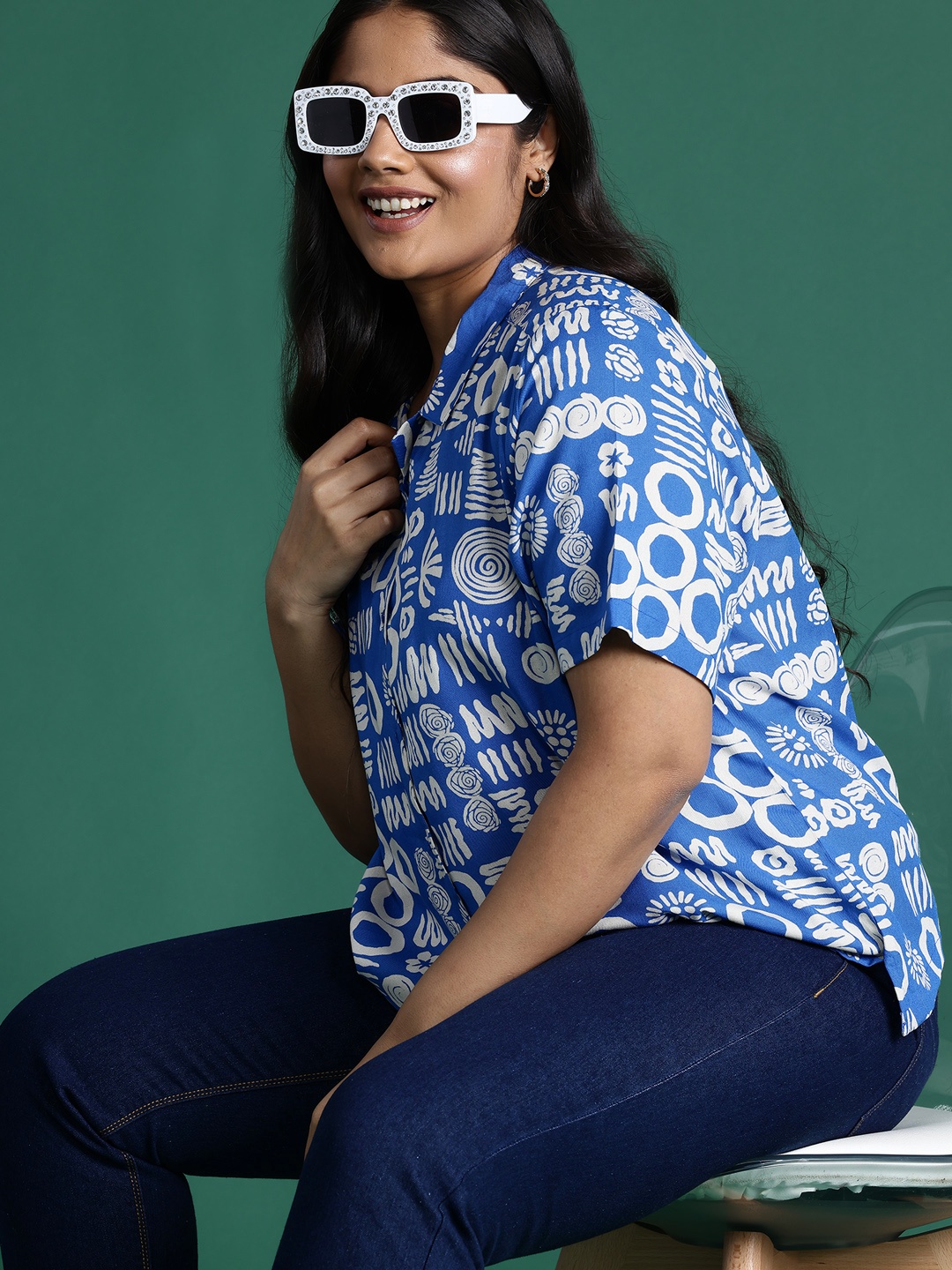 

DressBerry Curve Plus Size Printed Casual Shirt, Blue