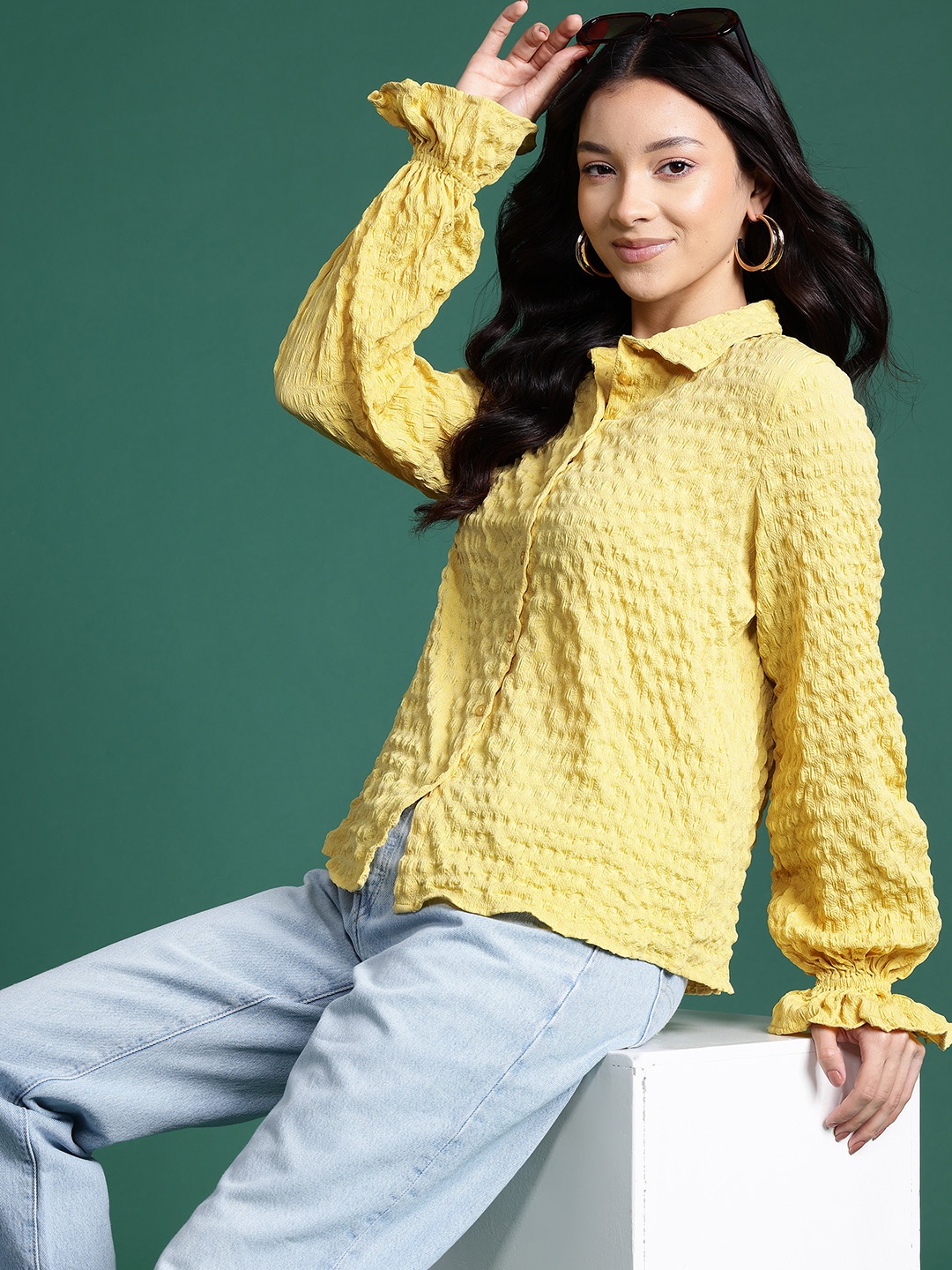 

DressBerry Textured Seersucker Puff Sleeve Shirt, Yellow